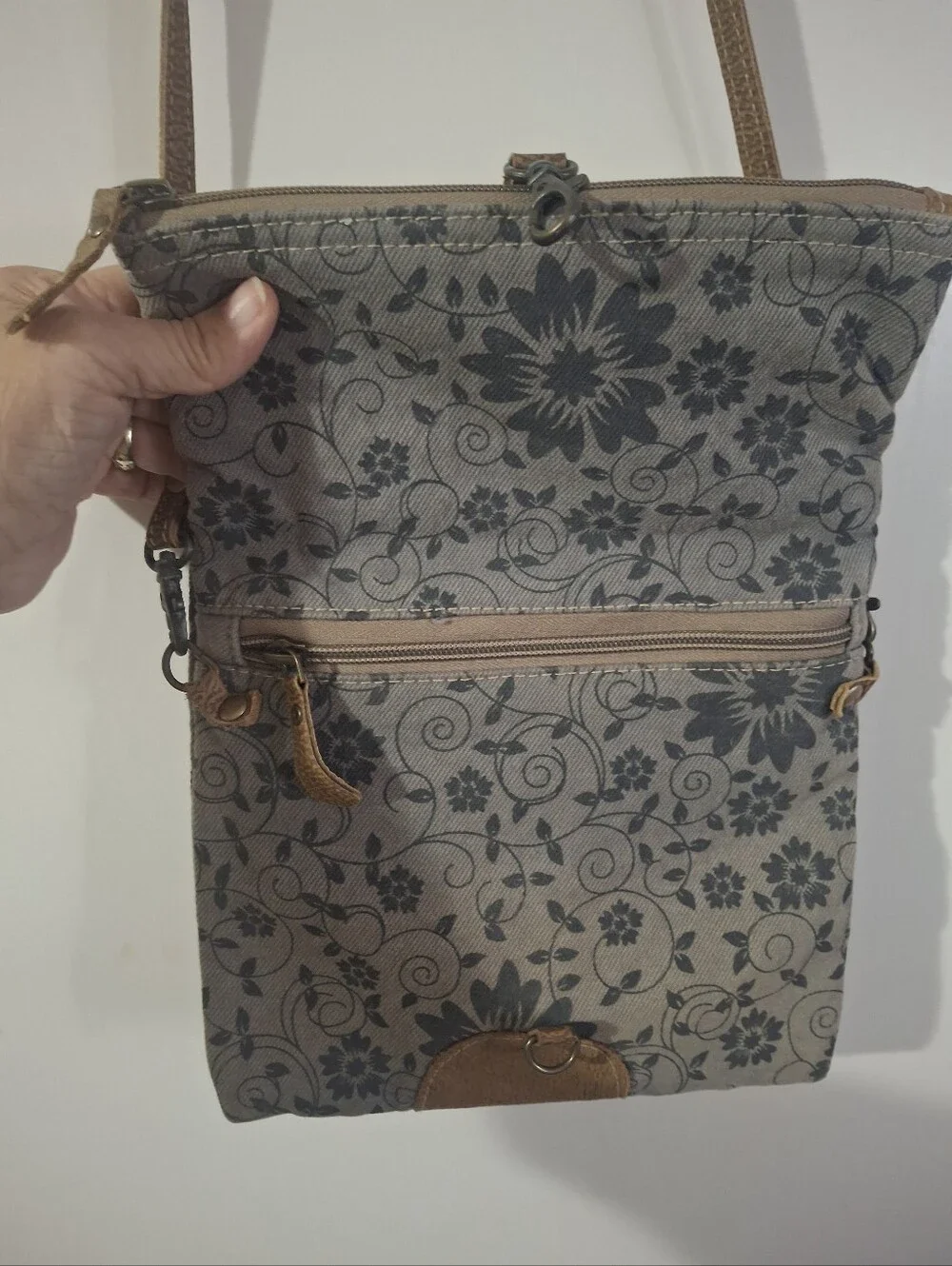 Myra Brown Floral Canvas Crossbody Bag